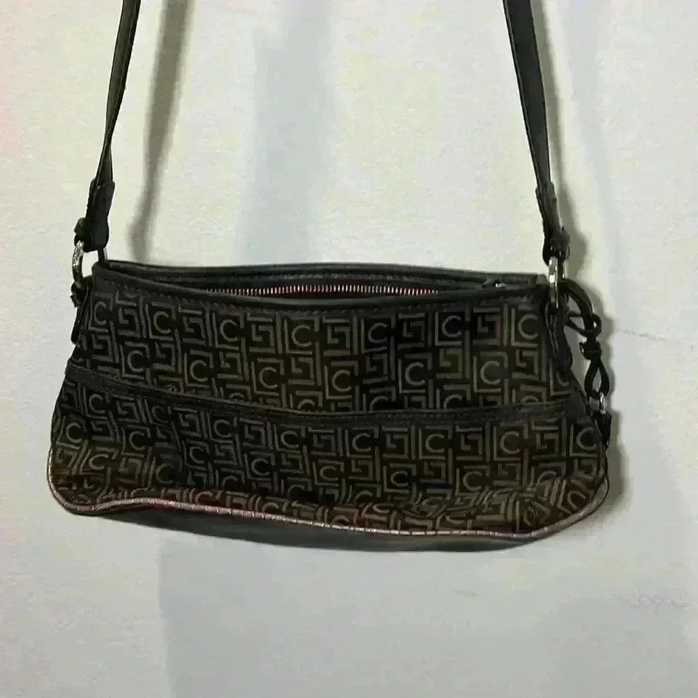 Liz Claiborne Monogram Crossbody Shoulder Bag Dark Brown Gold Adjustable Straps